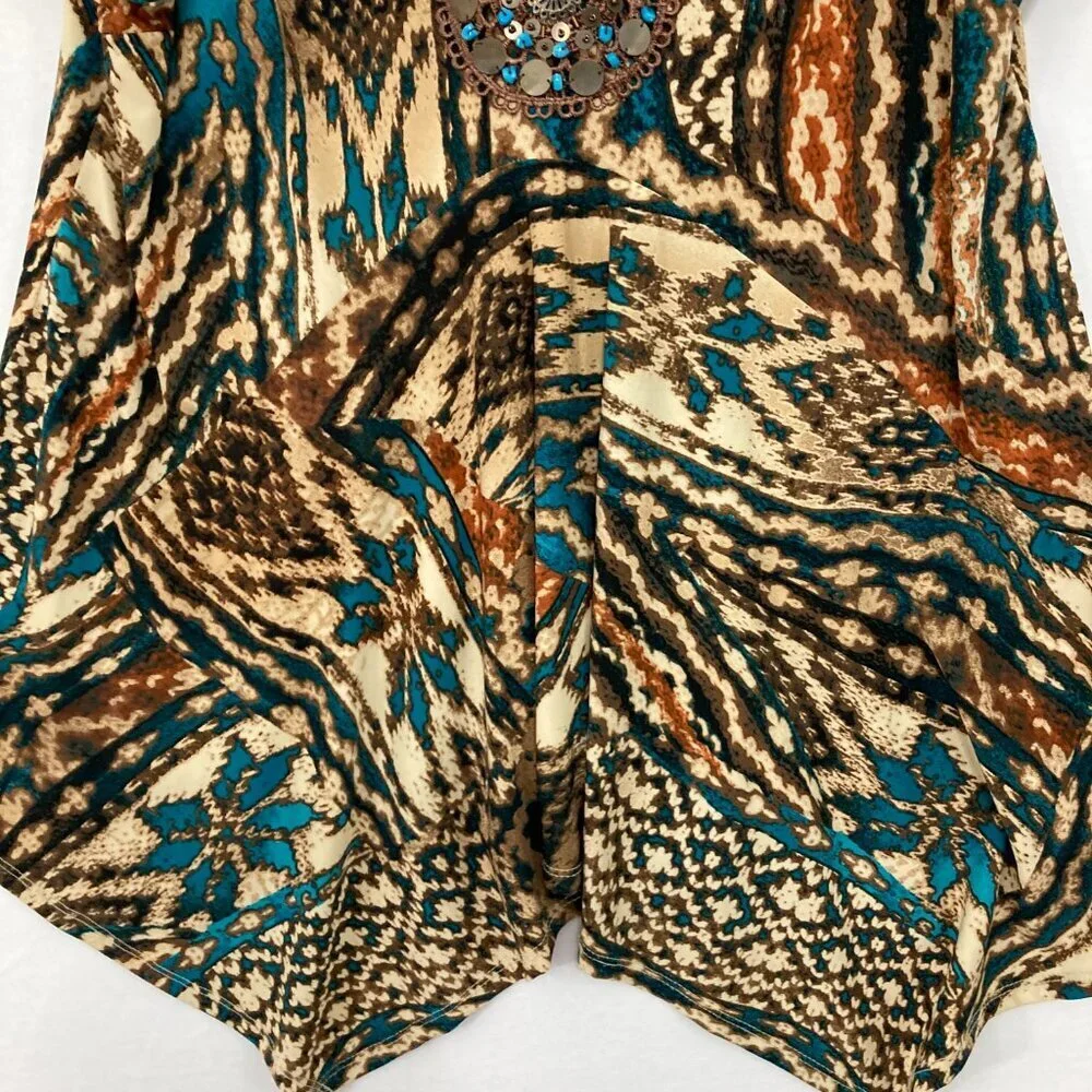 Dressbarn size 14/16‎ Brown Blue Abstract Boho Print Beaded Asymmetric Tunic